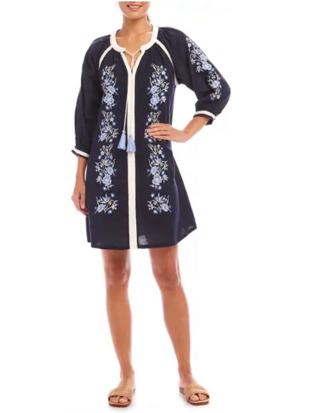 Karen Kane Navy Blue Embroidered Long Sleeve Tunic Dress with Cream Trim